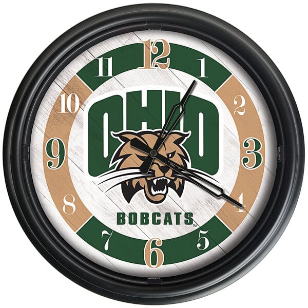A white Holland Bar Stool clock with the Ohio University logo and text in green.