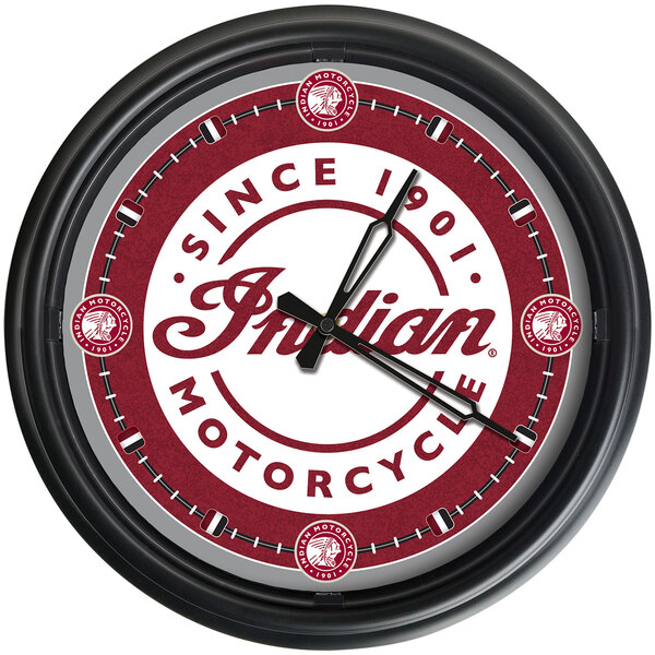 A white Holland Bar Stool clock with an Indian Motorcycle logo in red and white script.