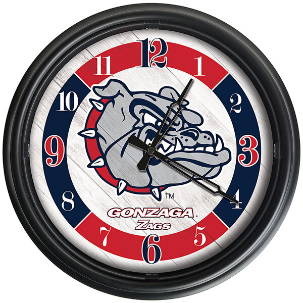 A white Holland Bar Stool wall clock with the Gonzaga Bulldogs logo on it.