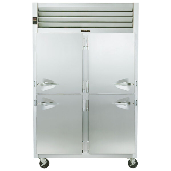 A Traulsen stainless steel reach-in freezer with two doors.