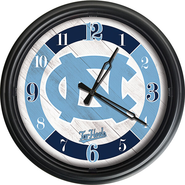 A blue and white Holland Bar Stool University of North Carolina LED wall clock.