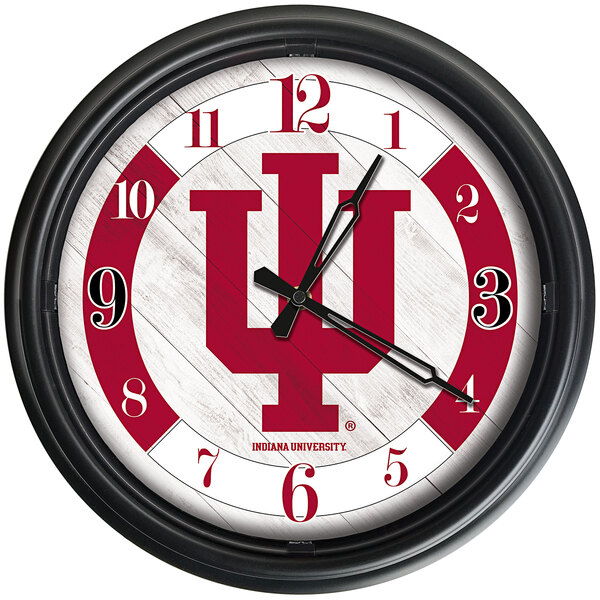 A white Holland Bar Stool clock with the Indiana University logo in red and white.
