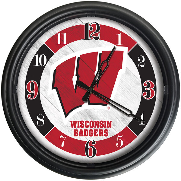 A white Holland Bar Stool clock with the University of Wisconsin (W) logo and LED lights.