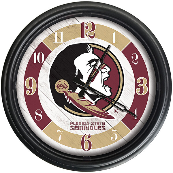 A white Holland Bar Stool clock with a black Florida State Seminoles logo.