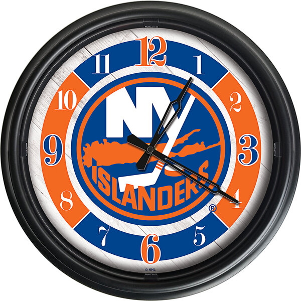 A Holland Bar Stool New York Islanders wall clock with logo and numbers.