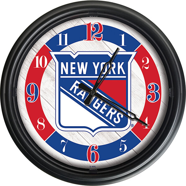 A Holland Bar Stool New York Rangers wall clock with LED lights on the logo.