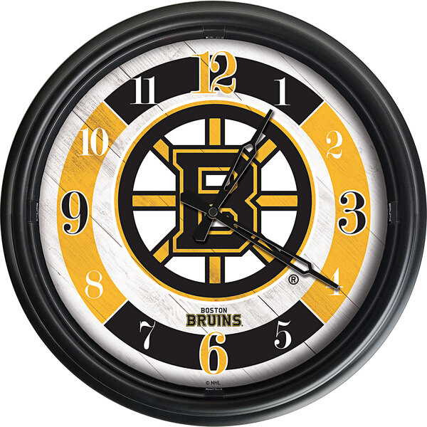A black and yellow Holland Bar Stool Boston Bruins wall clock.