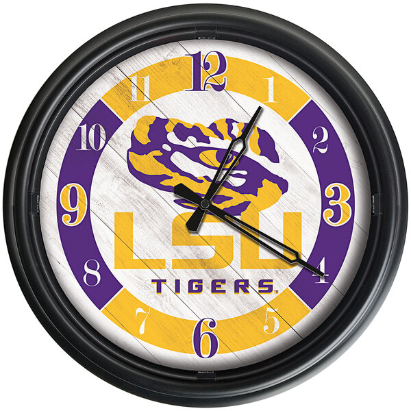 A white Holland Bar Stool LSU clock with a purple and yellow logo.
