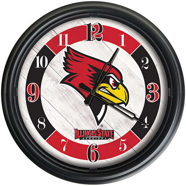 An Illinois State University wall clock with cardinal mascot on the face.