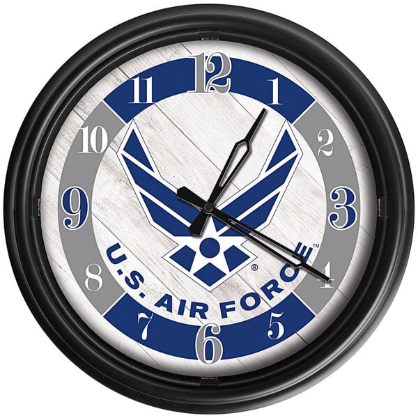 A white Holland Bar Stool United States Air Force wall clock with the air force logo and numbers on it.