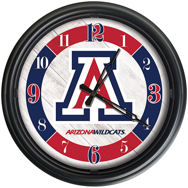 A Holland Bar Stool University of Arizona wall clock with LED lights, the Arizona Wildcats logo, and numbers.