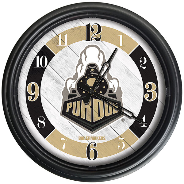 A white Holland Bar Stool wall clock with the Purdue logo in the center.