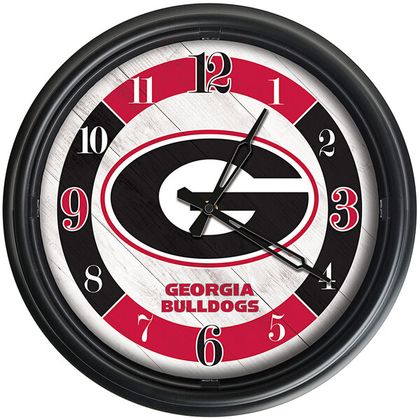 A black clock with a red University of Georgia Bulldogs logo and black frame.