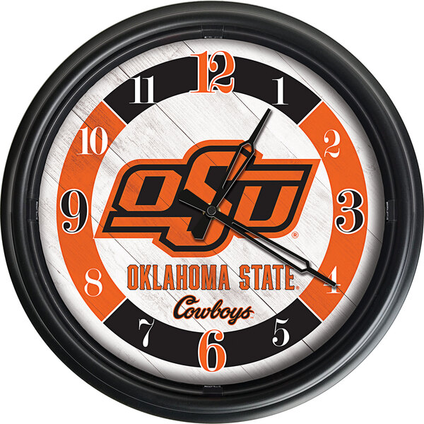 A Holland Bar Stool Oklahoma State Cowboys wall clock with LED lights.