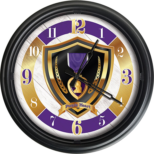 A Holland Bar Stool purple and gold clock with a shield design.