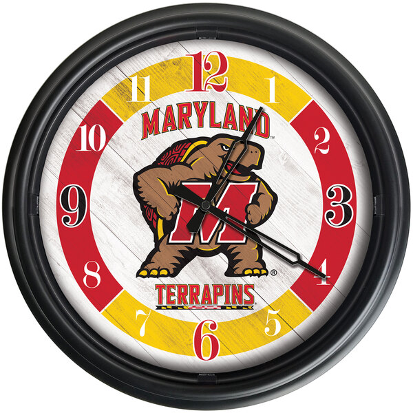 A white Holland Bar Stool clock with the University of Maryland logo, numbers, and a turtle.