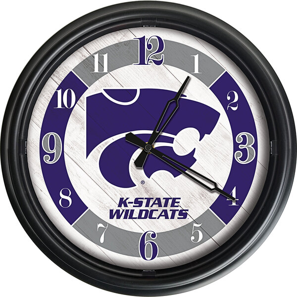 A white Holland Bar Stool clock with the Kansas State University Wildcats logo in purple.