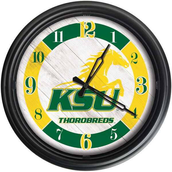 A Holland Bar Stool 14" Kentucky State University LED wall clock with a green and yellow horse design on a white background.