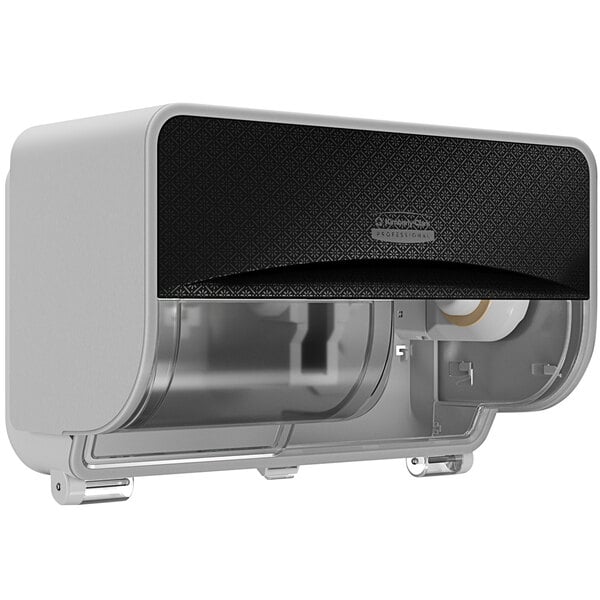 A Kimberly-Clark Professional ICON Coreless Standard Roll Horizontal Toilet Paper Dispenser with a black and clear faceplate.