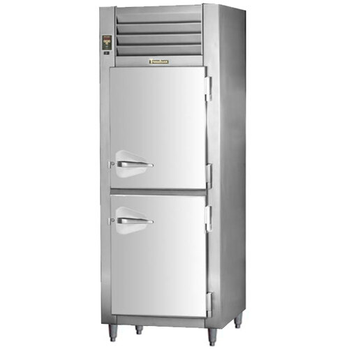 A stainless steel Traulsen reach-in refrigerator with half doors.