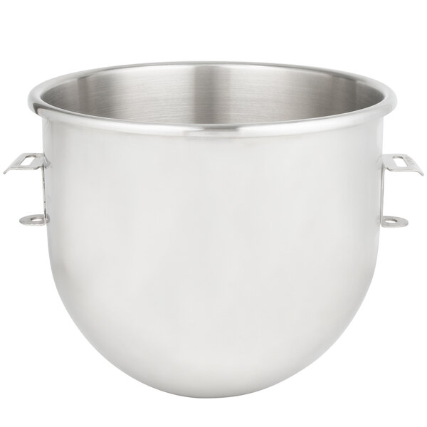 A silver Hobart stainless steel mixing bowl with handles.