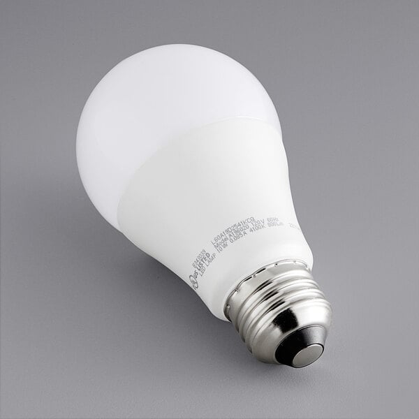 A TCP 10W dimmable LED light bulb with white casing and a gray base.