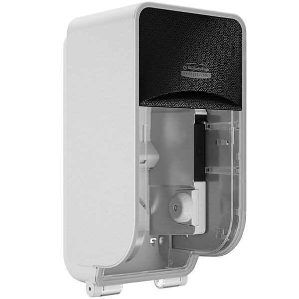 A white box with a black and white plastic cover for a Kimberly-Clark Professional ICON Coreless Toilet Paper Dispenser.
