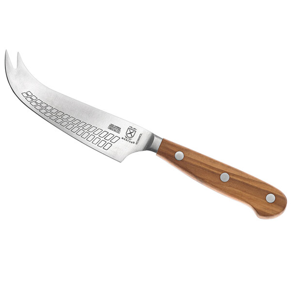 A Mercer Culinary Renaissance® hard cheese knife with an olive wood handle.