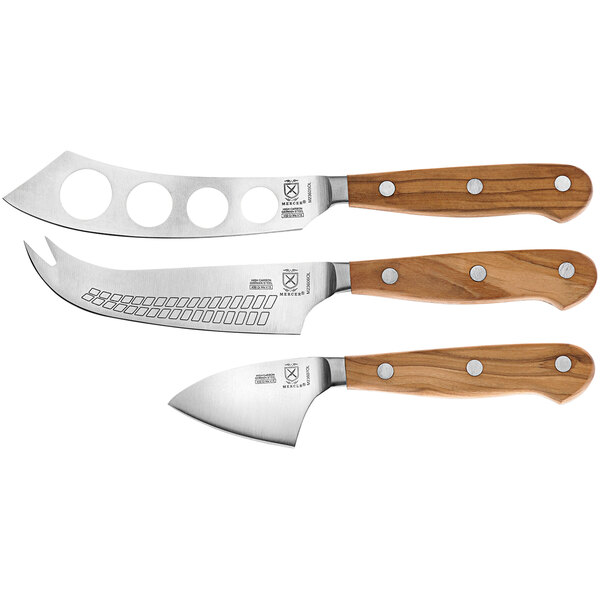 A Mercer Culinary Renaissance 3-piece cheese knife set with olive wood handles.