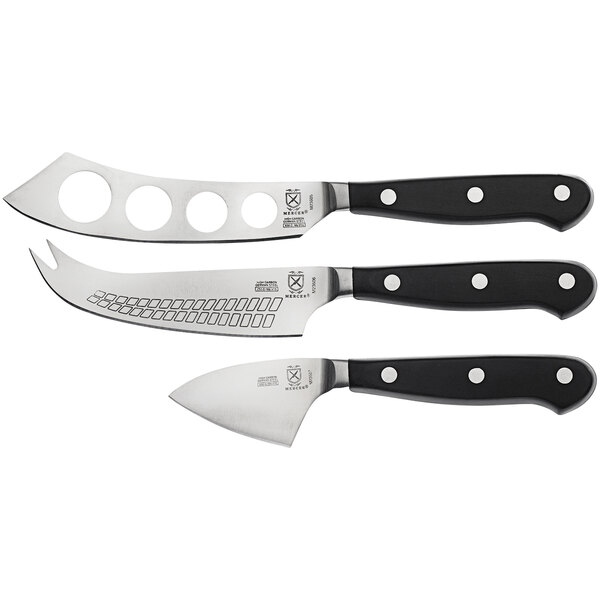 Three Mercer Culinary Renaissance cheese knives with black POM handles.