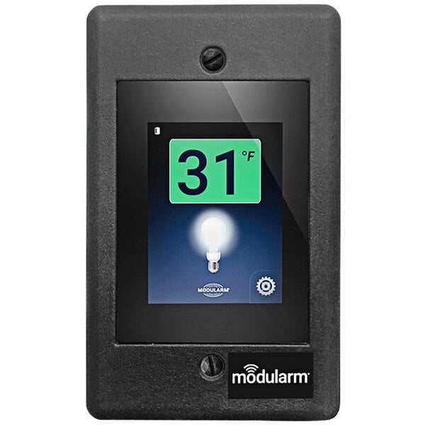 A black Kitchen Brains Modularm touch screen with a light bulb.