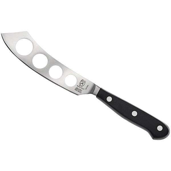 A black and silver Mercer Culinary Renaissance® soft cheese knife with a POM handle and holes in it.