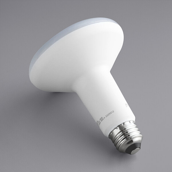 A close-up of a TCP Elite dimmable LED light bulb with a white background