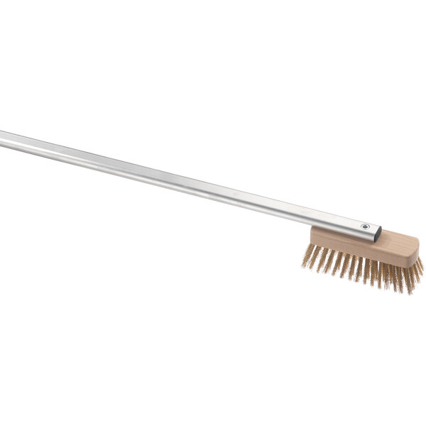 A GI Metal brass bristle pizza oven brush with a wooden handle.