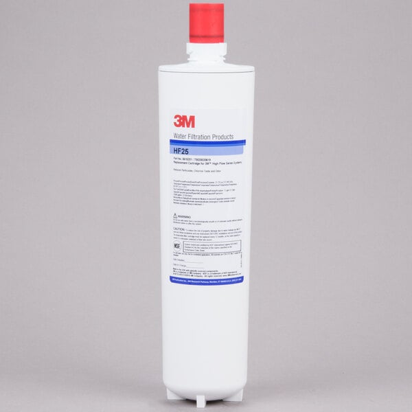 A white 3M container with black and red text for a 3M Water Filtration Products HF25-MS replacement cartridge.