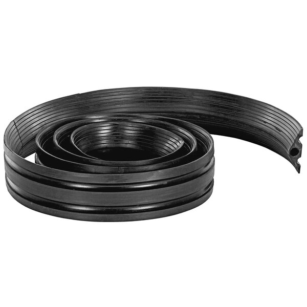 A black extruded rubber cord protector with a coiled black plastic tube on a white background.