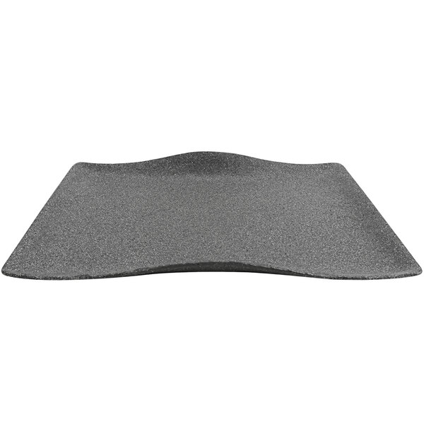 A stone grey rectangular tray with a curved edge.