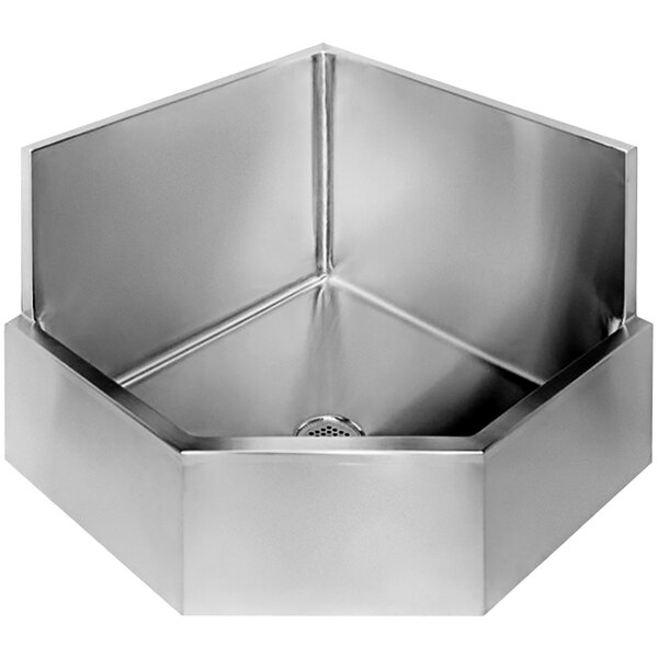 A stainless steel Just Manufacturing one compartment corner mop sink with a drain.