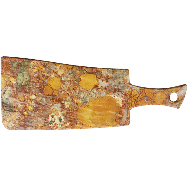 A cheforward rectangular melamine serving board with a handle decorated with a brown and orange jasper agate pattern.