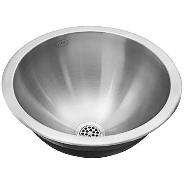 A silver Just Manufacturing round ADA sink bowl with a drain hole.
