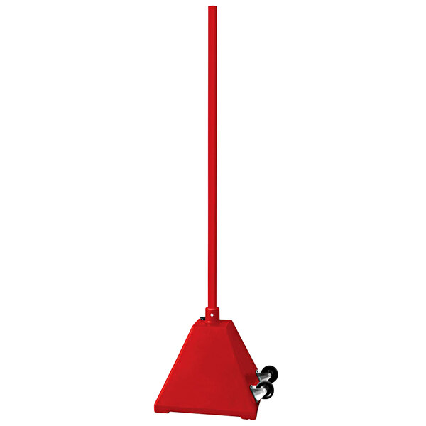 A red plastic pyramid sign base with a steel pole.