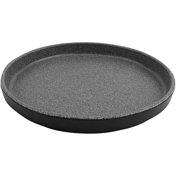 A round stone grey melamine plate with a black speckled rim.