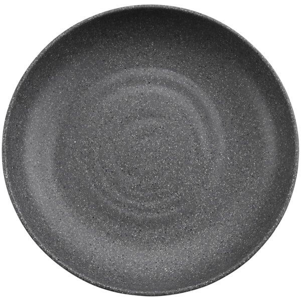 A stone grey cheforward melamine bowl with a black rim.