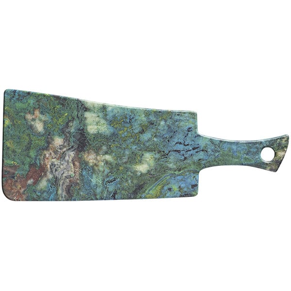 A cheforward rectangle serving board with a blue and green marbled pattern and handle.
