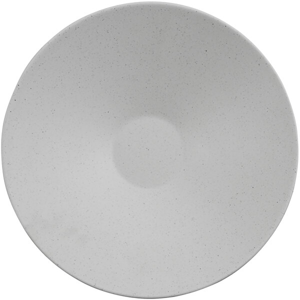 A white melamine bowl with a speckled design on the inside.