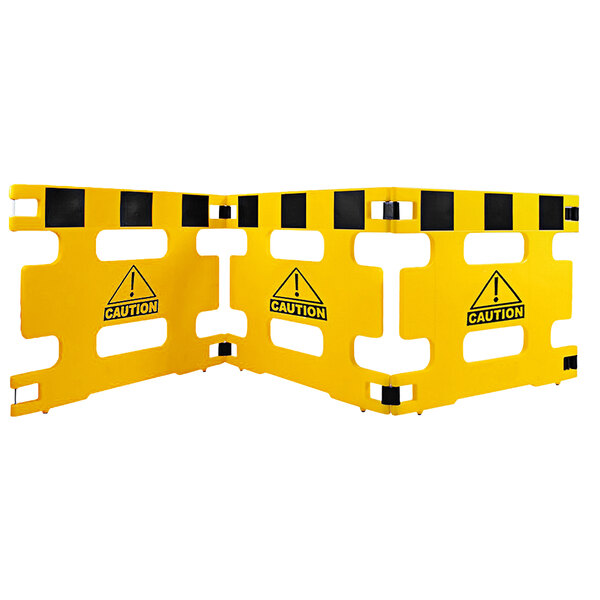 A yellow Vestil "Caution" barricade with black stripes and a warning sign.