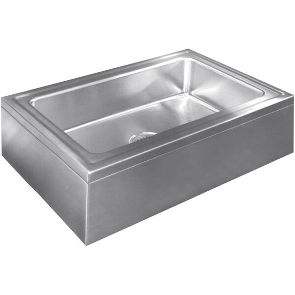 A Just Manufacturing stainless steel mop sink with a rectangular bowl and drain.