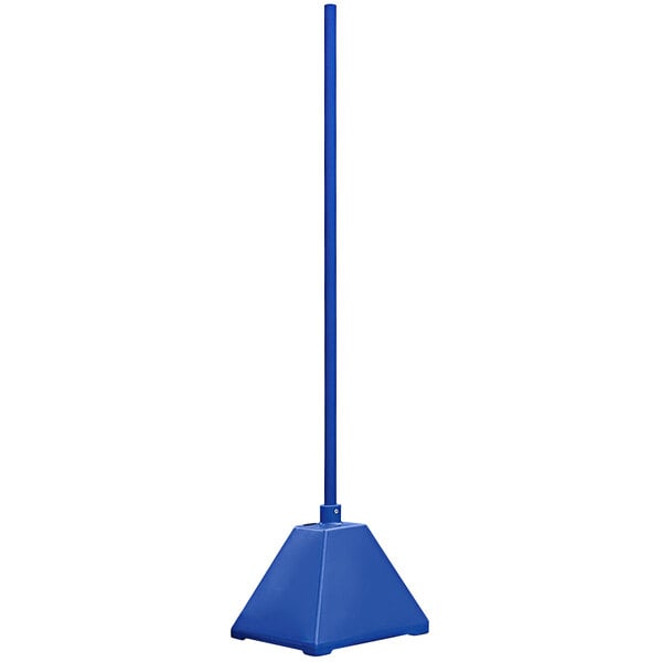 A blue plastic pyramid sign base with a steel pole.