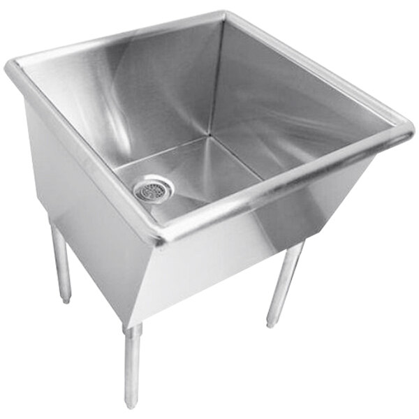 A Just Manufacturing stainless steel utility sink with a drain.