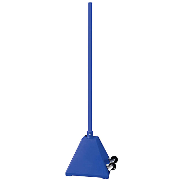 A blue plastic Vestil pyramid sign base with a steel pole.